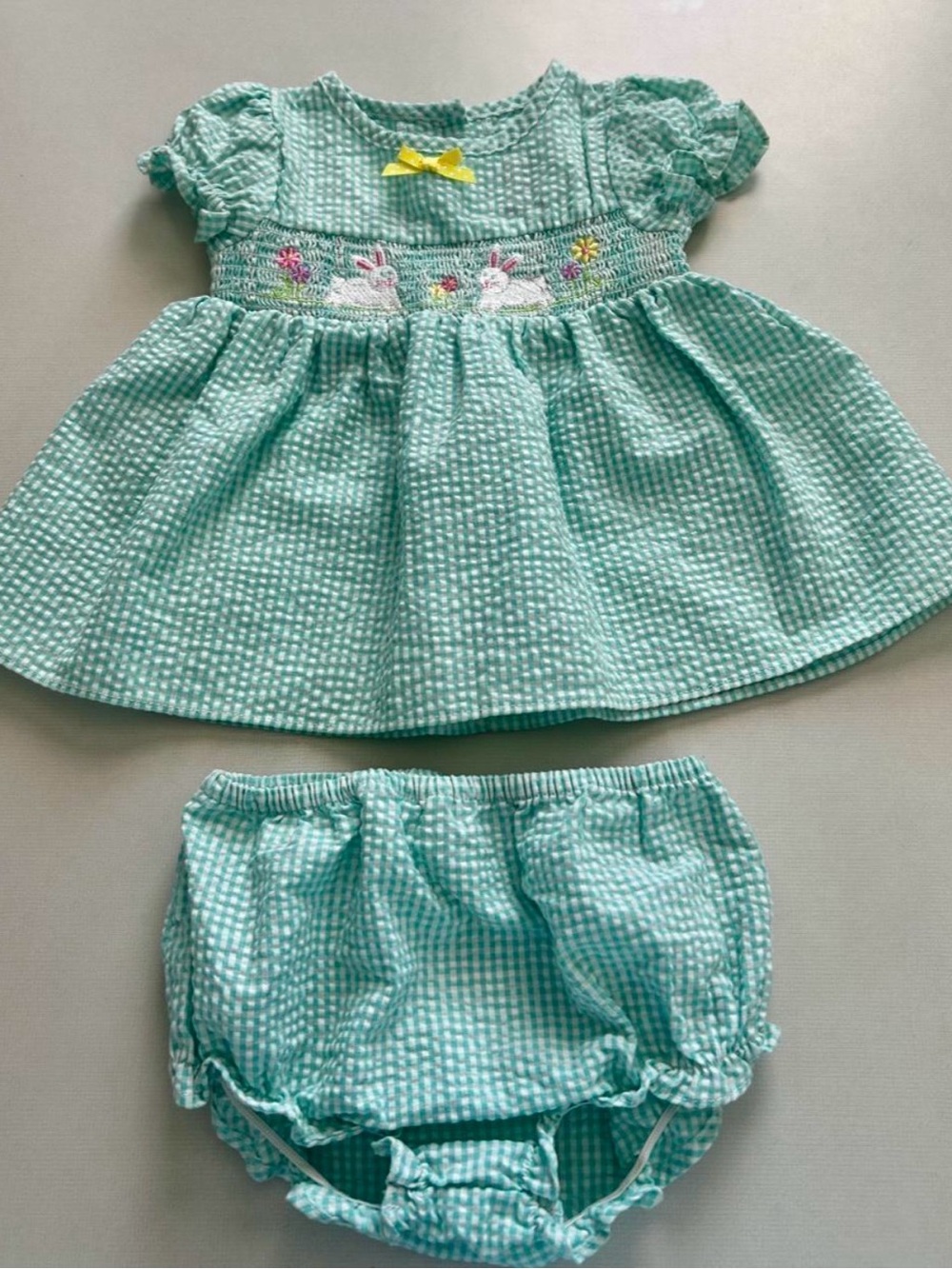 Good Lad Mint Green Gingham Dress and Bloomers Set with Bunny Smocking